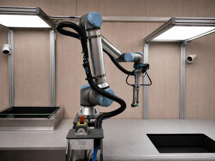 Kollaborativer Roboter an einem automatisierten Kommissionierarbeitsplatz