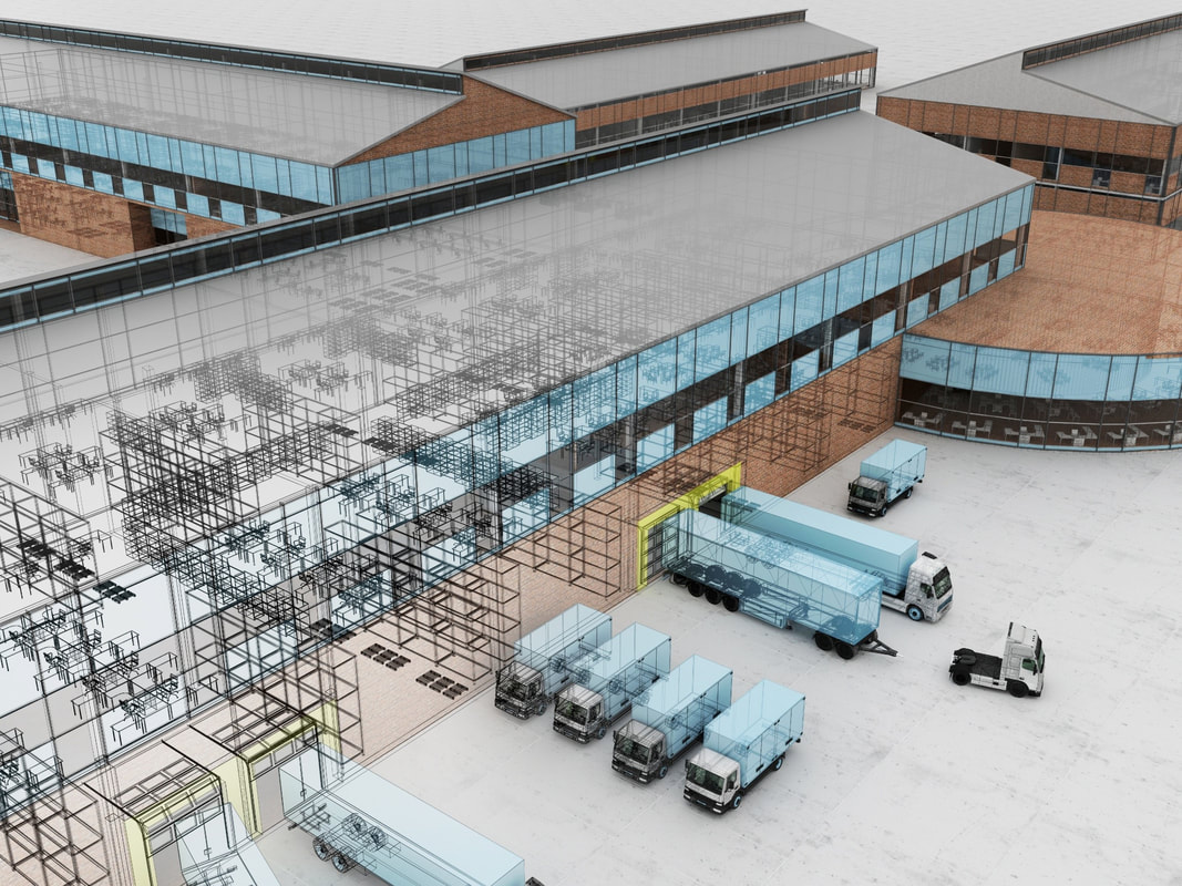 3D-Planungsvisualisierung eines Logistikzentrums mit Lager und Lkw-Verladung